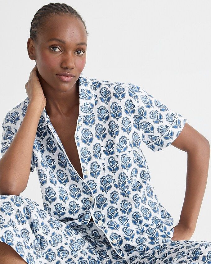 Short-sleeve cotton-linen blend pajama set in bouquet block print | J.Crew US