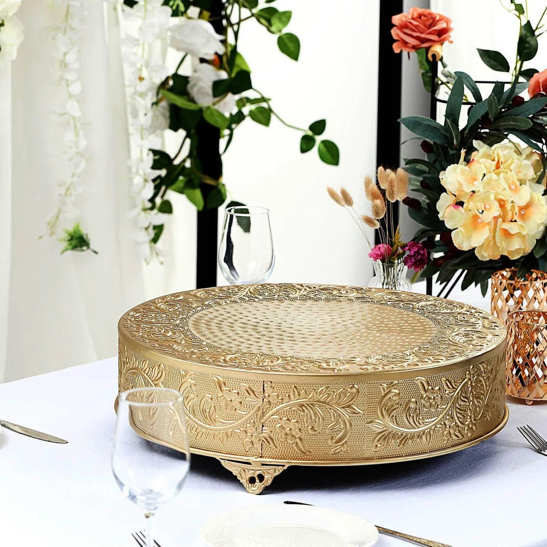 18" Embossed Round Cake Plateau, Gold Cake Stand, Metal Cake Stand, Cake Riser, Food Display, Wed... | Etsy (US)