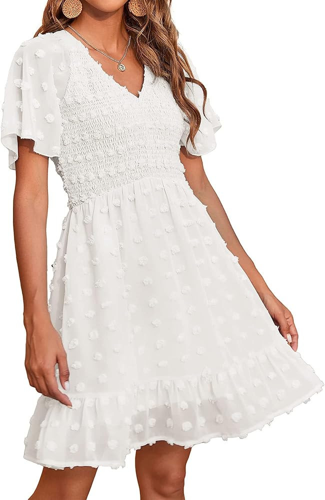 BTFBM Womens Beach Vacation Dress Summer 2026 V Neck Short Sleeve Smocked Swiss Dot Ruffle Casual... | Amazon (US)
