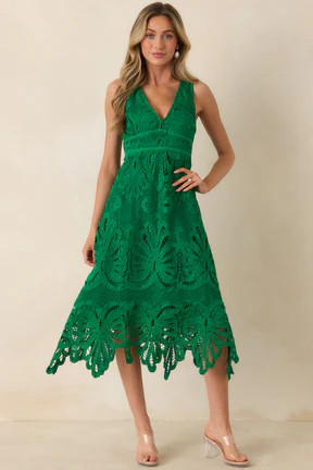 Where the Party Is Green Lace V-Neck Sleeveless Midi Dress | Red Dress