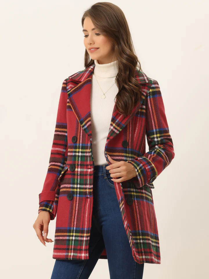 Buffalo Checks Double Breasted Notched Lapel Plaid Trench Pea Coat | allegra-k
