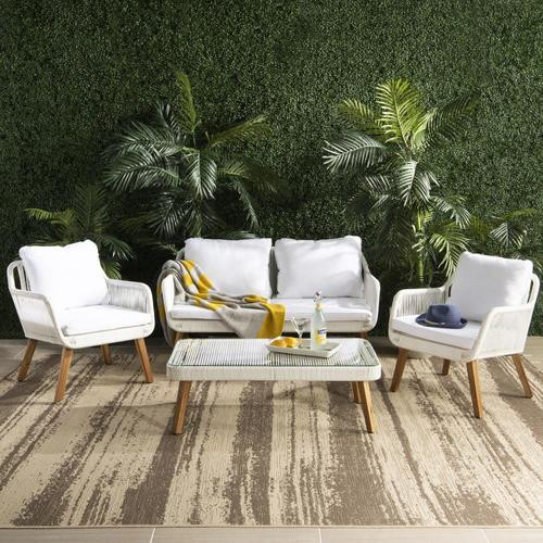 Safavieh Aldric 4-Piece Wood Frame Patio Conversation Set with Cushions Lowes.com | Lowe's