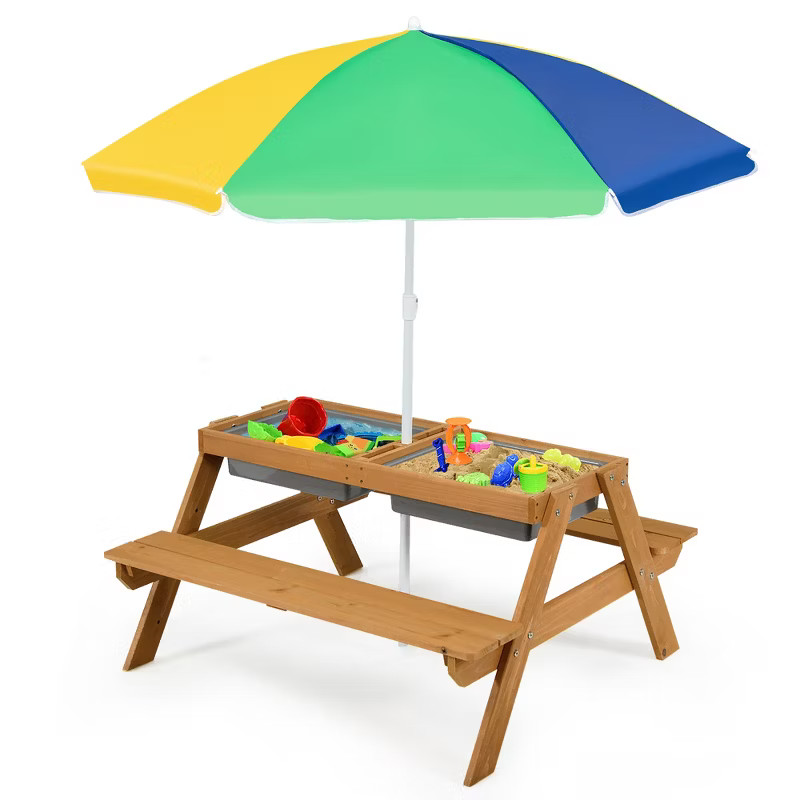 Costway 3-in-1 Kids Picnic Table Wooden Outdoor Sand & Water Table w/Umbrella Play Box es | Target
