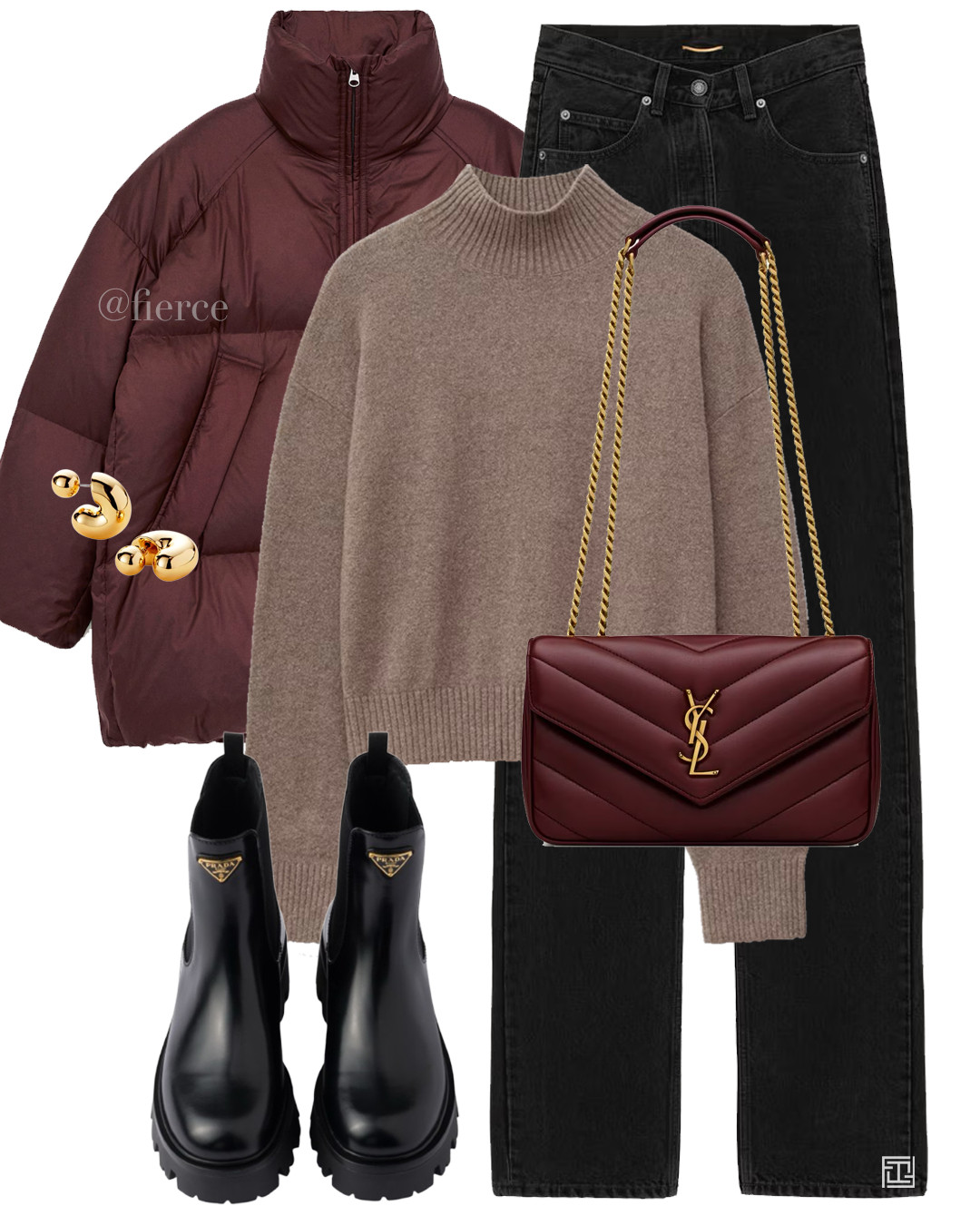 burgundy puffer jacket vintage black jeans YSL burgundy chain shoulder bag prada black chunky boots beige jumper casual chic comfy outfit city break weekend shopping lunch coffee 

 #LTKuk #LTKautumn #LTKwinter