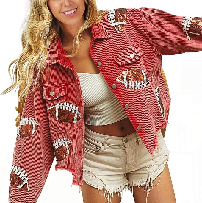 SeekMe Women's Cropped Corduroy Jacket Football Sequin Patched Short Button Raw Hem Jacket Coat | Amazon (US)