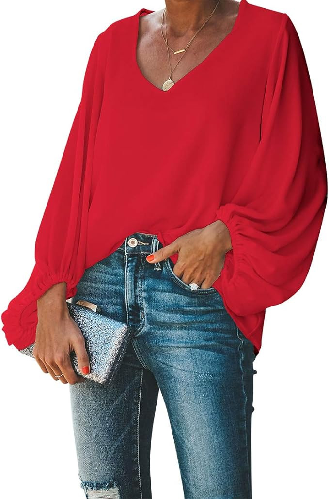 BELONGSCI Women's Casual Sweet & Cute Loose Shirt Balloon Sleeve V-Neck Blouse Top | Amazon (US)