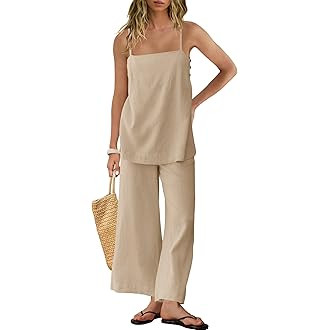 MAKABO Women's Two Piece Beach Vacation Pant Set Summer, Linen Feel Comfy Travel Outfits Casual T... | Amazon (US)