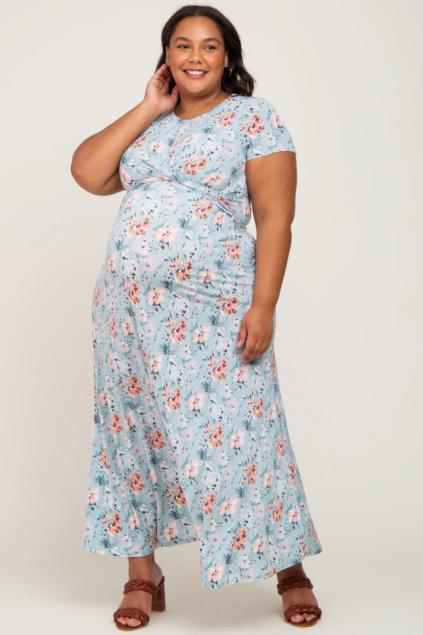 Aqua Floral Twist Maternity Plus Maxi Dress | PinkBlush Maternity