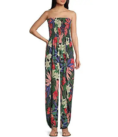 Angie Tropical Print Strapless Smocked Bodice Split Leg Jumpsuit - M | Dillard's