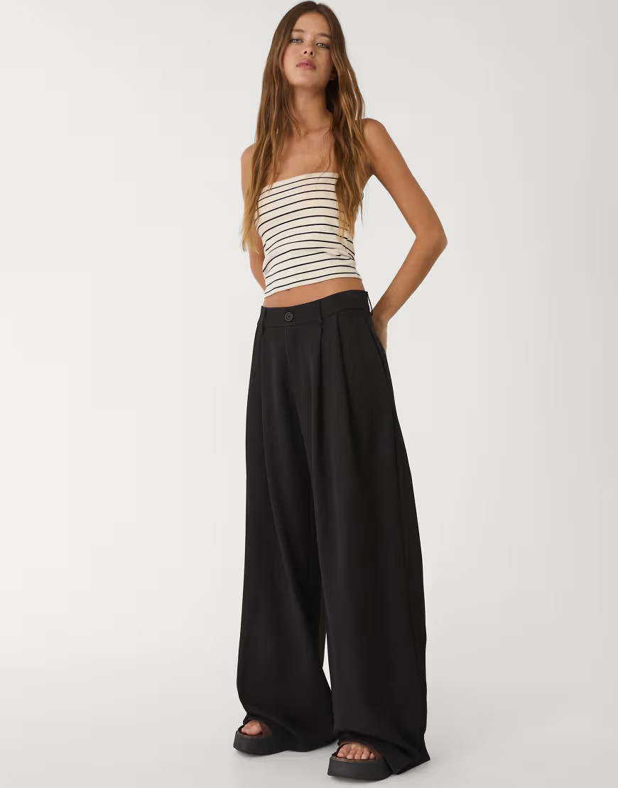 Stradivarius wide leg smart trousers with darts in black | ASOS (Global)