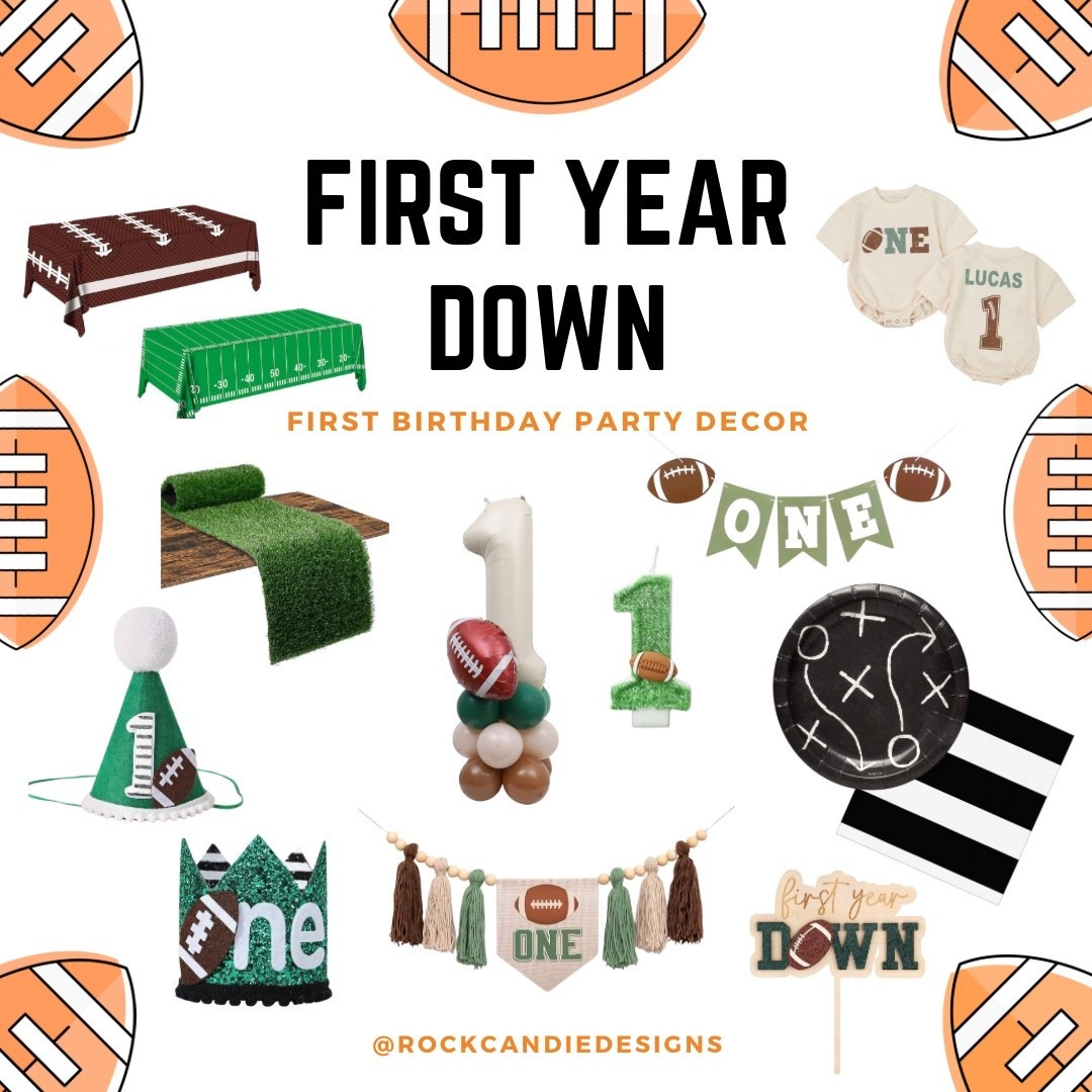Looking for first birthday party ideas? How about First Year Down Decor idea or One Year Down Birthday party decorations to get that football season football theme going?? These are the cutest little items you can get including a first birthday outfit, first bday party hat, first birthday party crown, a highchair banner and all your plates and banners! Love the idea of this turf to go on the table, too! 

#LTKBaby #LTKKids #LTKParties