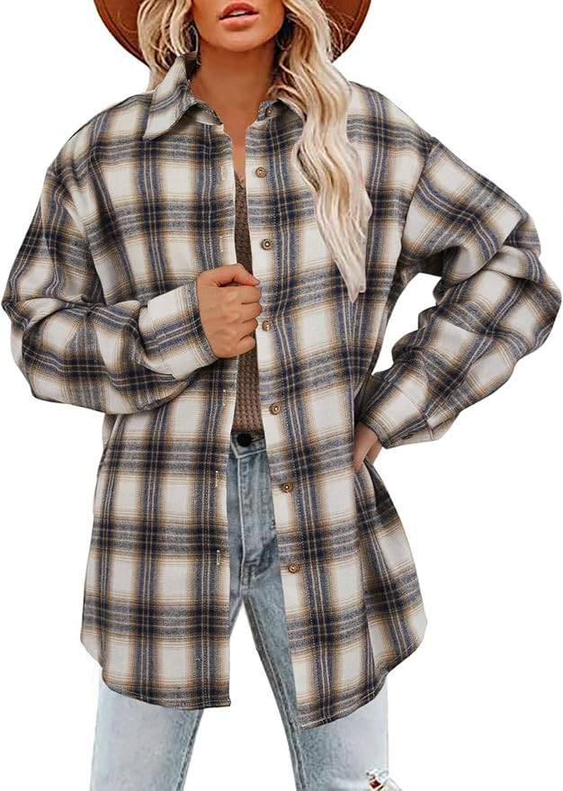 Women's Long Sleeve Plaid Shirts Flannel Collared Button Down Shacket Casual Rolled Up Boyfriend ... | Amazon (US)