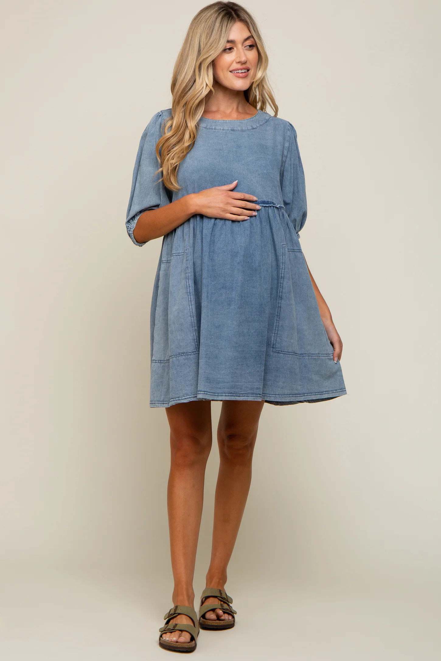 Blue Faded Denim Chambray Maternity Mini Dress | PinkBlush Maternity