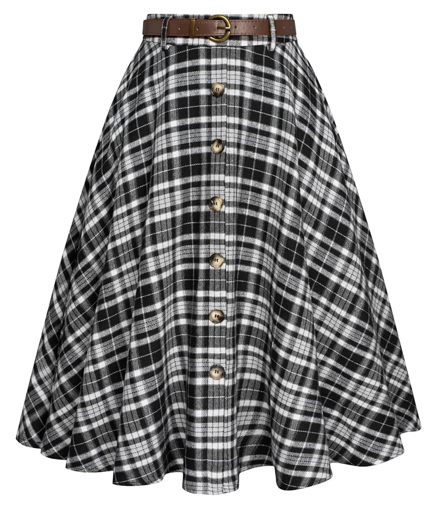 Belle Poque Women's Plaid A-line Skirt Vintage Pleated Flared Midi Skirts Fall Winter Skirts with... | Amazon (US)