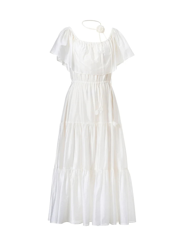Tencel Blend Conovertible Neck Women Gathered Waist Maxi Dress With Floral Ribbon | GOELIA