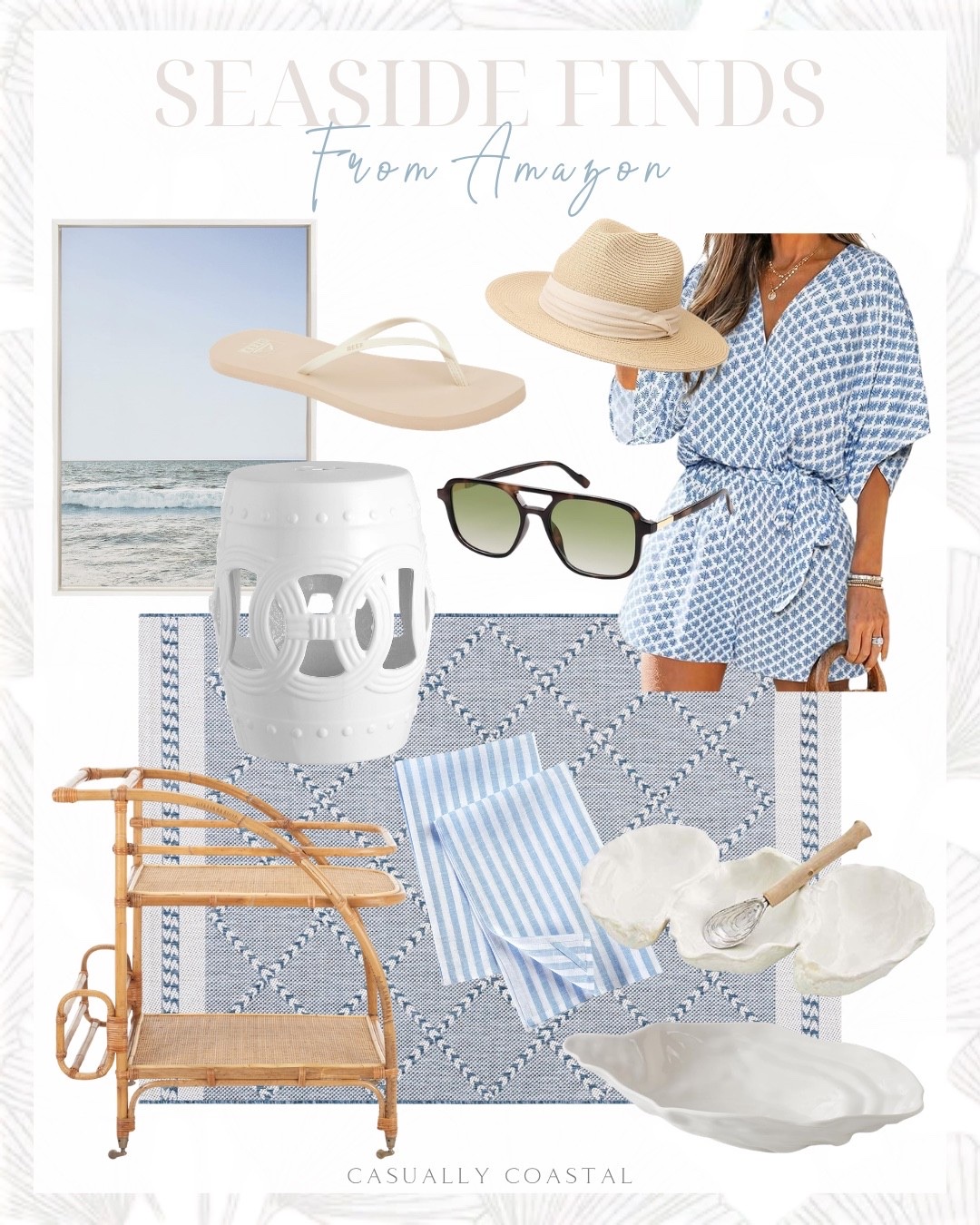 Seaside Finds From Amazon 

Amazon rug, Amazon home decor, coastal home decor, coastal style, Amazon romper, Amazon sunglasses, Amazon wall art, coastal wall art, Amazon bar cart, Amazon flip flops, 2 tier bar cart, coastal bar cart, kitchen towels, coastal towels, straw Panama hat, fedora hat, 16” Chinese ceramic drum garden stool, white garden stool, REEF flip flops, washable tug, Amazon rug, coastal rug, safavieh rug, navy and ivory rug, outdoor rug, blue and white romper, pale blue sea framed canvas wall art, large oyster bowl, mud pie oyster shaped triple dip and serving set, coastal serving dish, retro aviator sunglasses, mixed sea shells

#LTKHome #LTKSeasonal