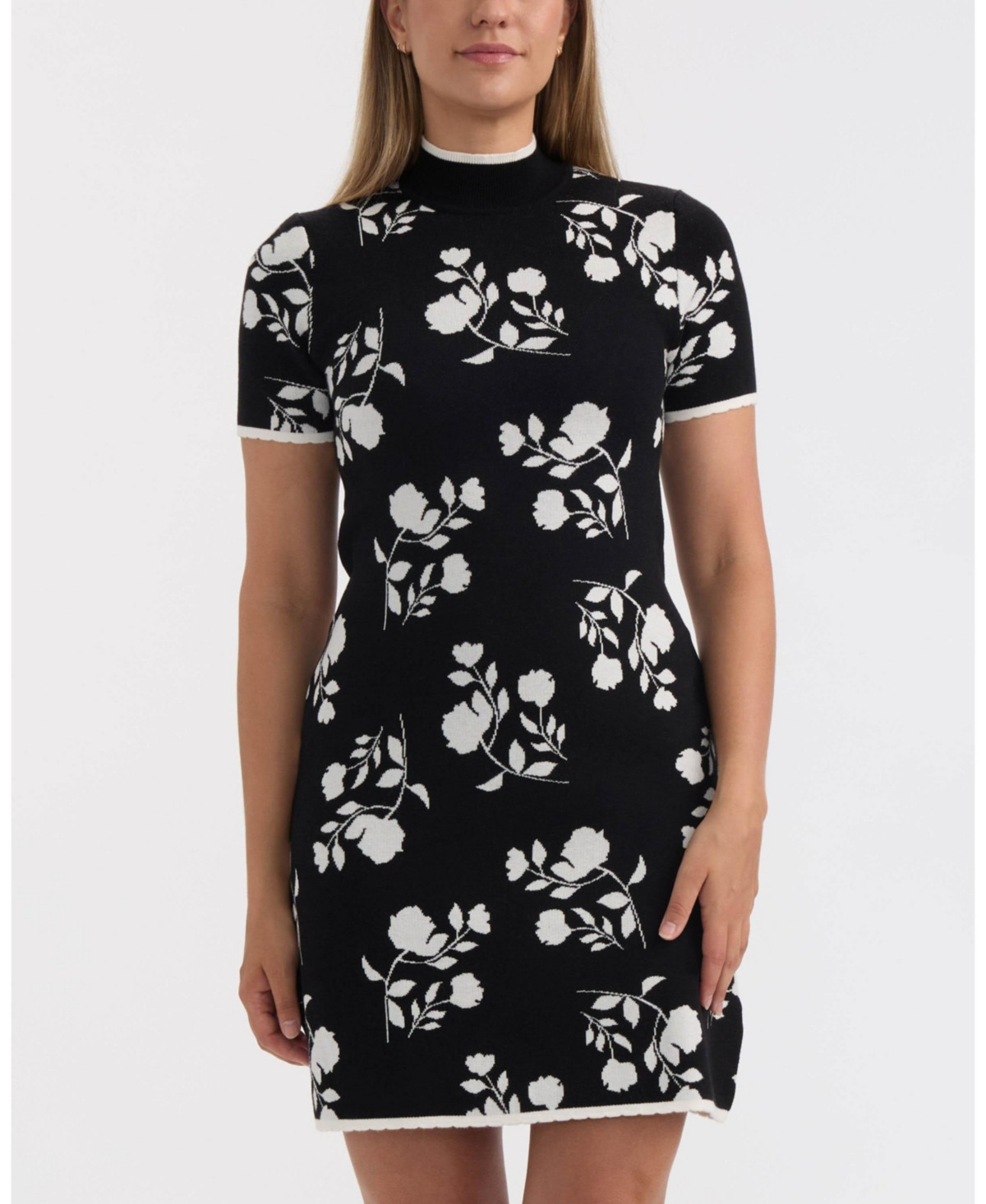 Ellen Tracy Women's Floral Short Sleeve Sweater Dress - Black floral twilight | Macy's