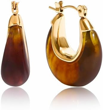 Fullpop Vintage Earrings for Women, Chunky 14K Gold Plated Resin Hoop Earrings Lightweight Hollow... | Amazon (US)