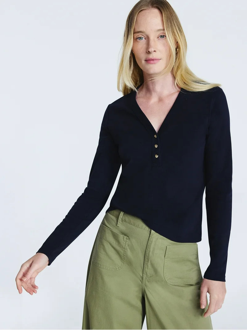 Free Assembly Women's V-Neck Henley with Long Sleeves, Sizes XS-XXL | Walmart (US)