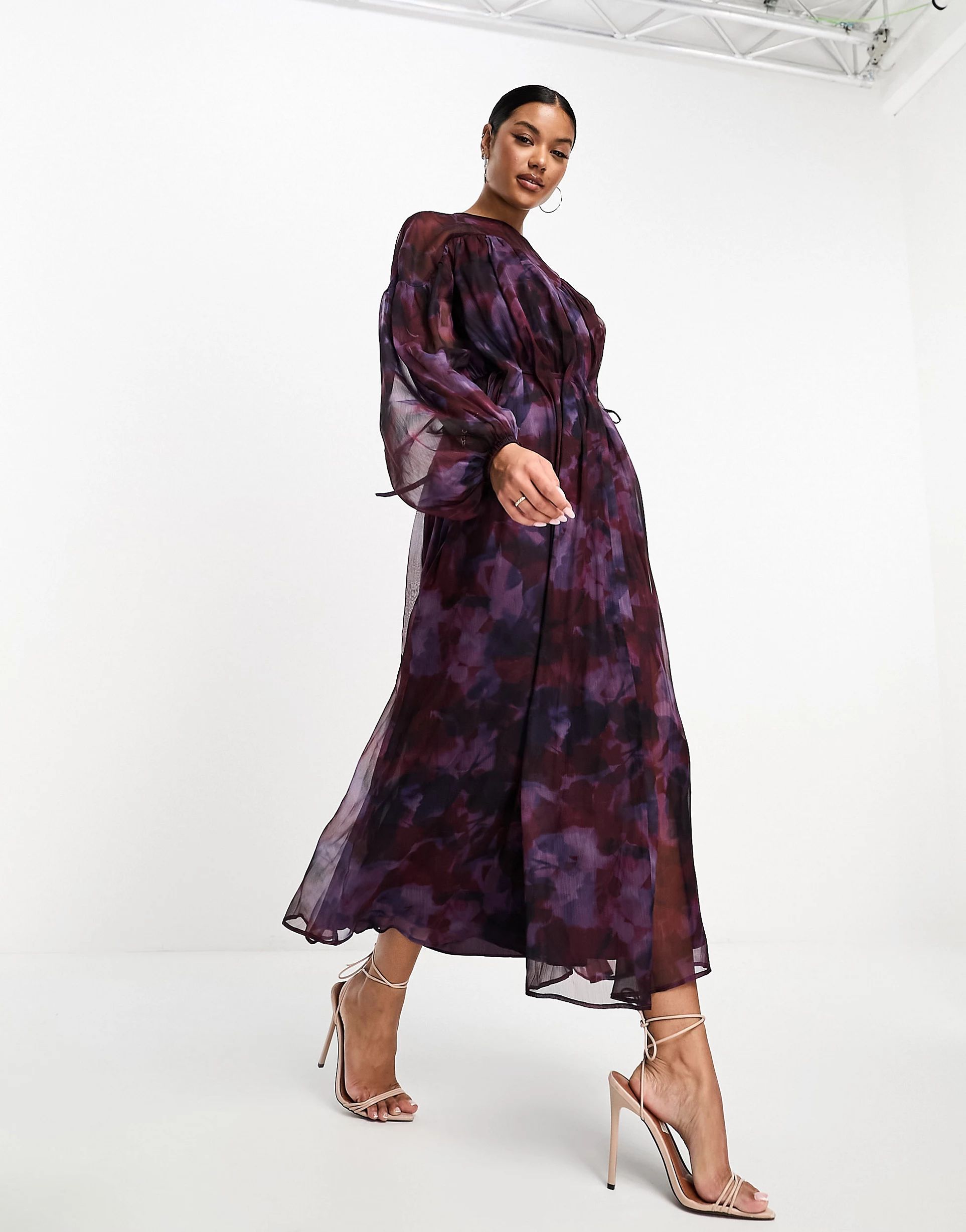 ASOS DESIGN long sleeve wave seam detail midi dress in blurred floral print | ASOS (Global)