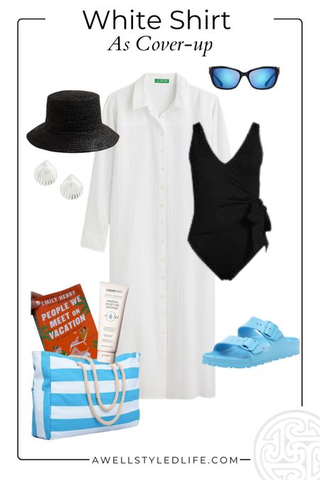 Beach or pool time with a J Crew long white shirt as cover up, Lands End swimsuit and fun blue accessories  

#LTKSeasonal #LTKOver40 #LTKStyleTip