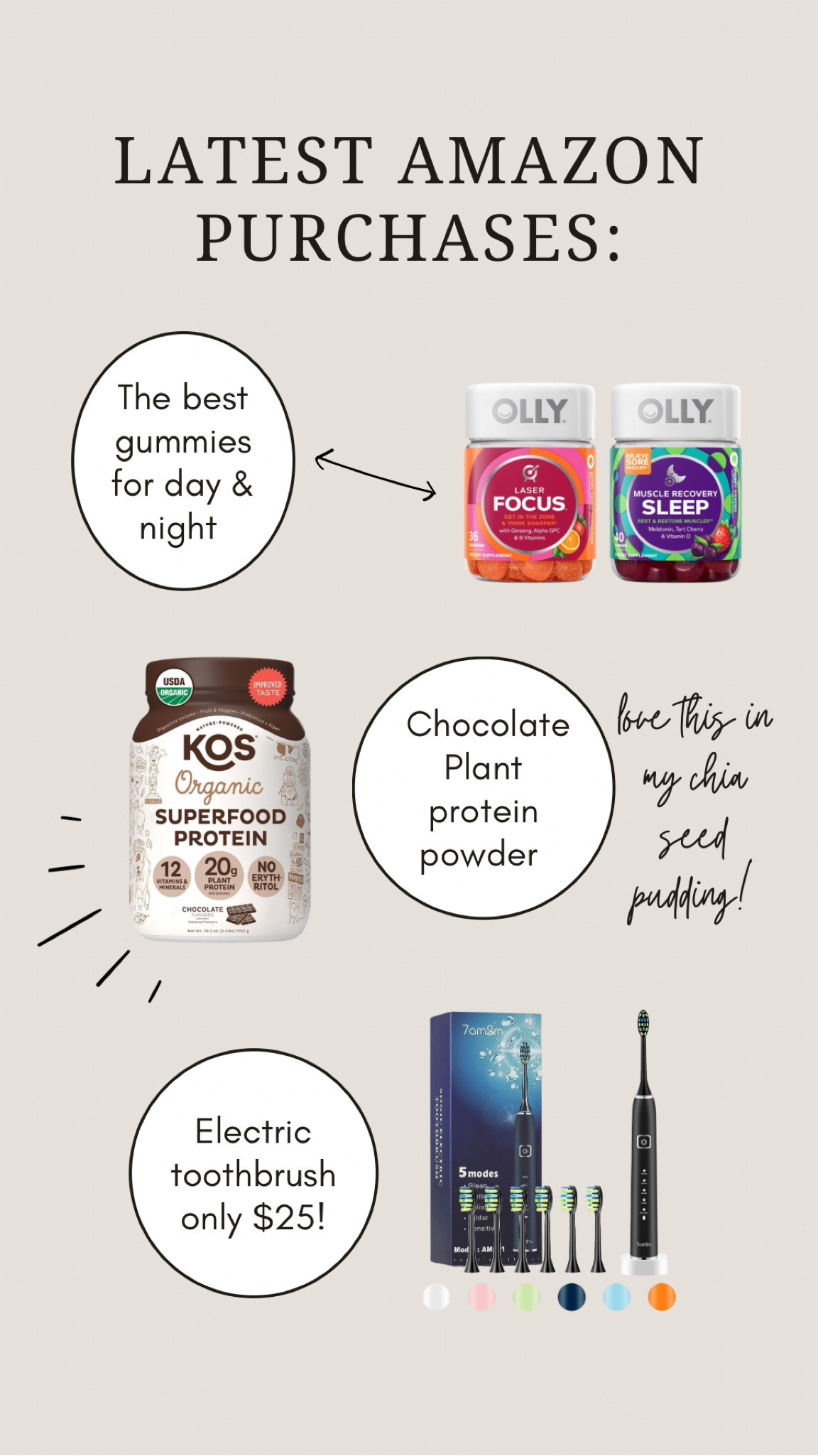 My Amazon purchases from the week! I started with the sleep gummies and loved them so when I heard amazing things about the focus ones I knew I had to snag it. Also loving this plant protein powder for my chia seed pudding! I also needed a new toothbrush and I love how this one has tons vibration modes, extra heads and is super affordable 

#LTKMostLoved #LTKbeauty #LTKfindsunder50