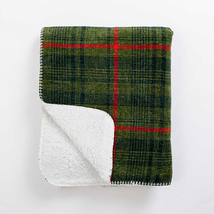 Green Plaid Chenille and Sherpa Throw | Kirkland's Home