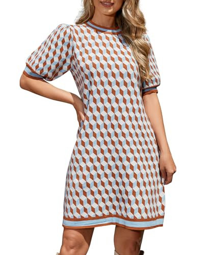 Kedera Womens Crewneck Knit Mini Dress Short Puff Sleeve Pull On Elegant Patterned Dresses for Fall Office Maternity Brown | Amazon (US)