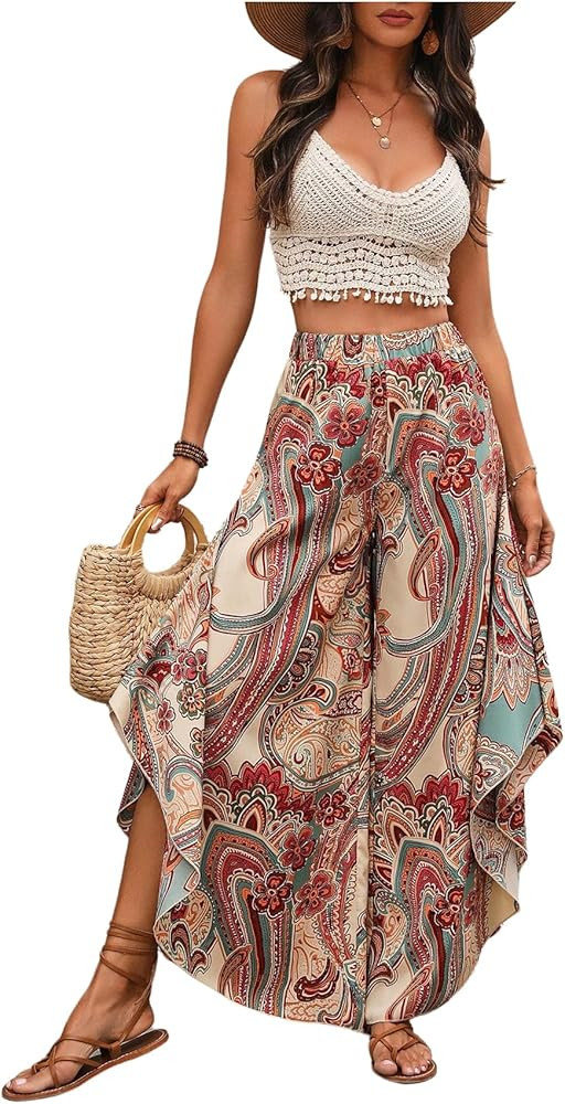 Women's Paisley Print Boho Pants Wide Leg Baggy Pants Elastic High Waisted Summer Lounge Beach Tr... | Amazon (US)