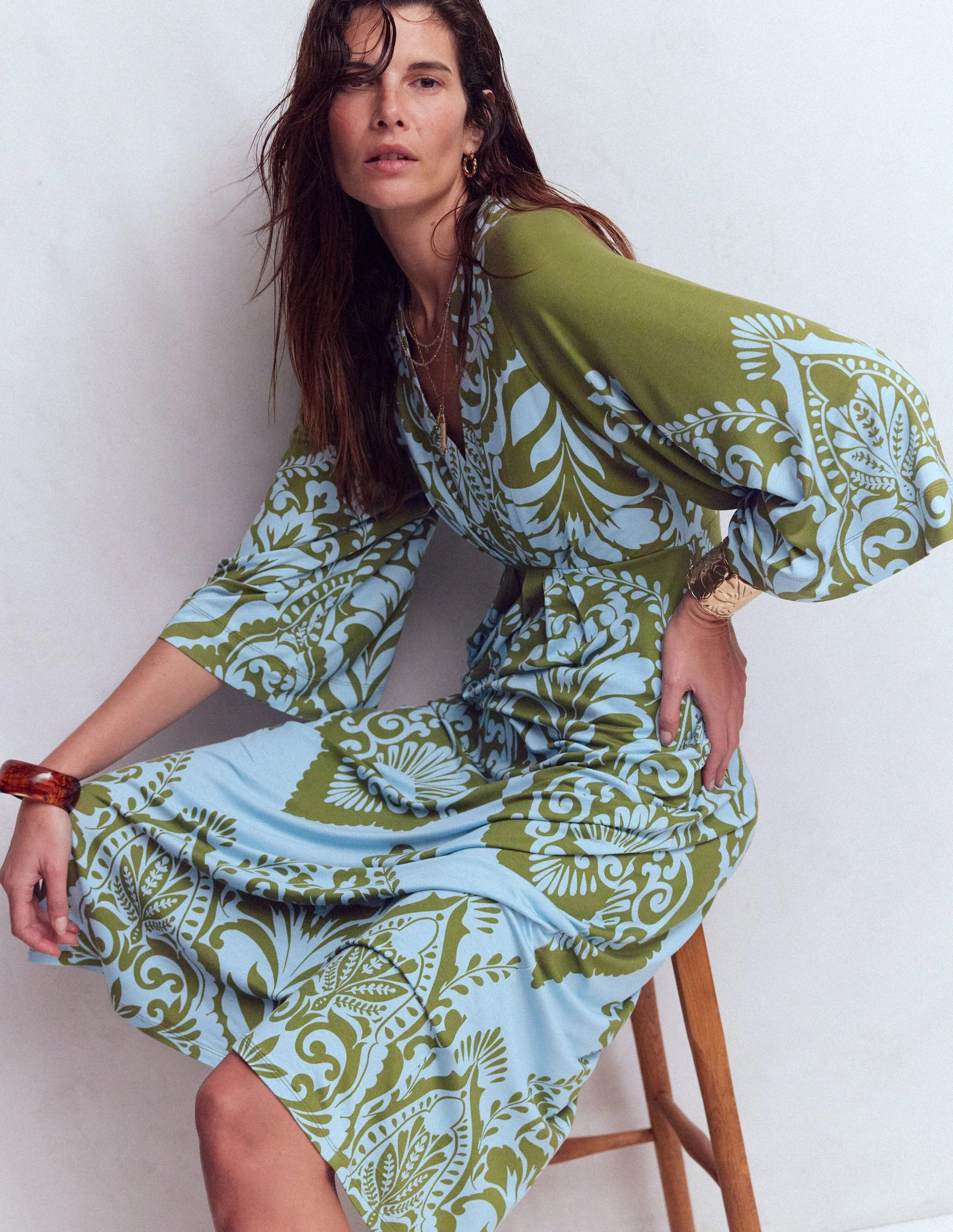 Nell Kimono Midi Jersey Dress-Olive, Ornamental Garden | Boden (US)