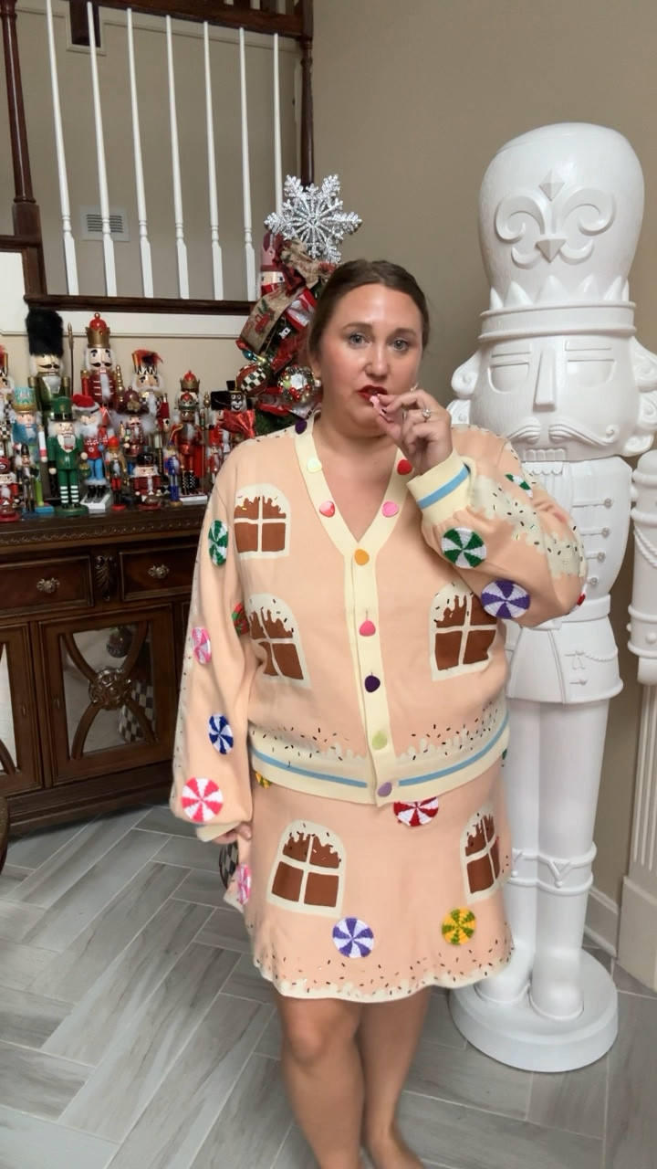 I really thought I would like this one a lot more than I actually do. I think the color they chose for the background is a little off. And also washes me out. I do like the details on the outfit but I would probably only wear the cardigan with jeans and not with the skirt that comes with this #livinglargeinlilly #gingerbread #christmasoutfit #holidayoutfit #plussize #fitnotes 

#LTKMidsize #LTKHoliday #LTKPlusSize