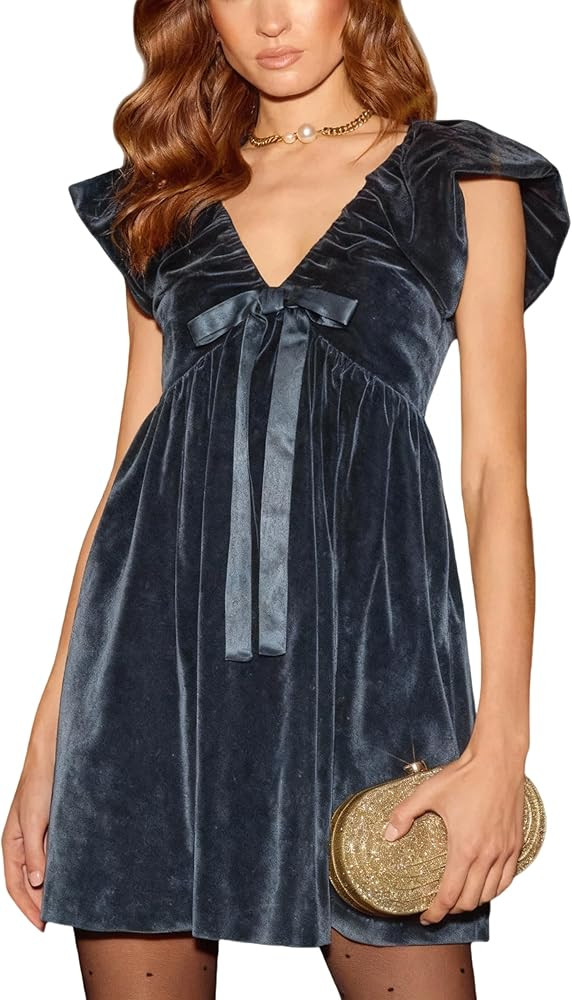 Majdan Womens Deep V Neck Velvet Mini Dress Bow Dress with Pockets Cocktail Party Winter Club Dre... | Amazon (US)