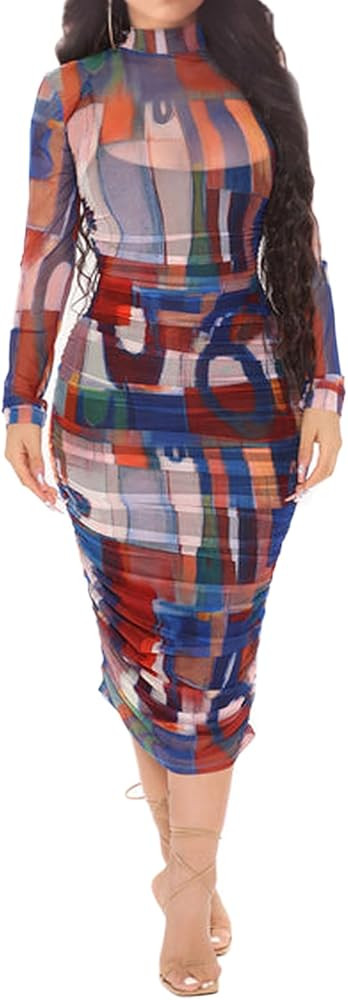 Fastkoala Women Sexy Long Sleeve Printed Sheer Mesh Bodycon Midi Dress See Through Slim Fit Party... | Amazon (US)