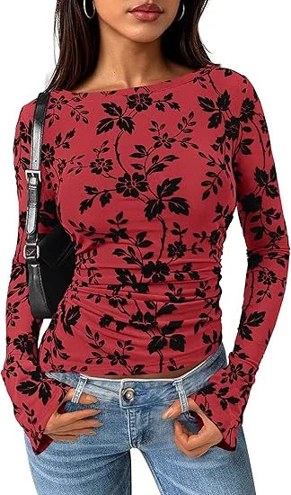 PRETTYGARDEN Women Long Sleeve Floral Mesh Tops Blouse Fall Trendy Boat Neck Ruched Fitted Shirt ... | Walmart (US)