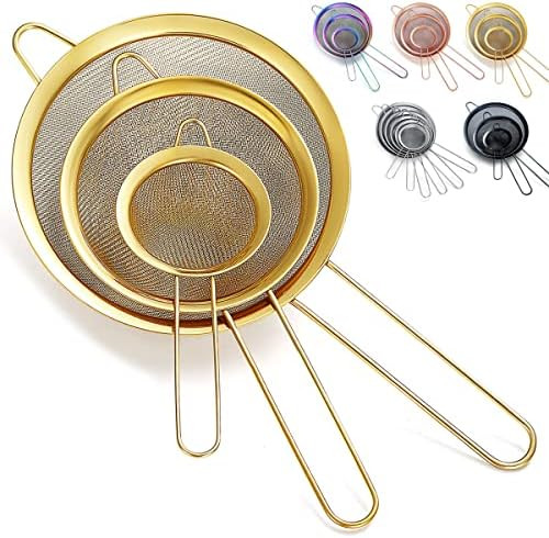 Kyraton Gold Fine Mesh Strainer 3 Pieces Set, Golden Flour Sifter For Baking, Stainless Steel Cla... | Amazon (US)
