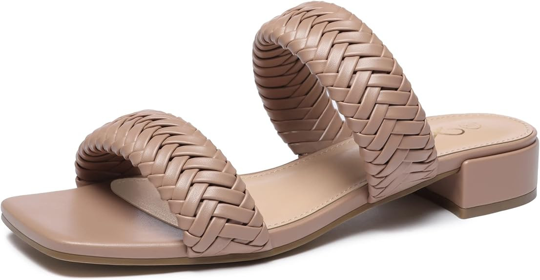 Athlefit Women's Braided Low Block Heel Sandals Square Open Toe Slip On Woven Slides | Amazon (US)