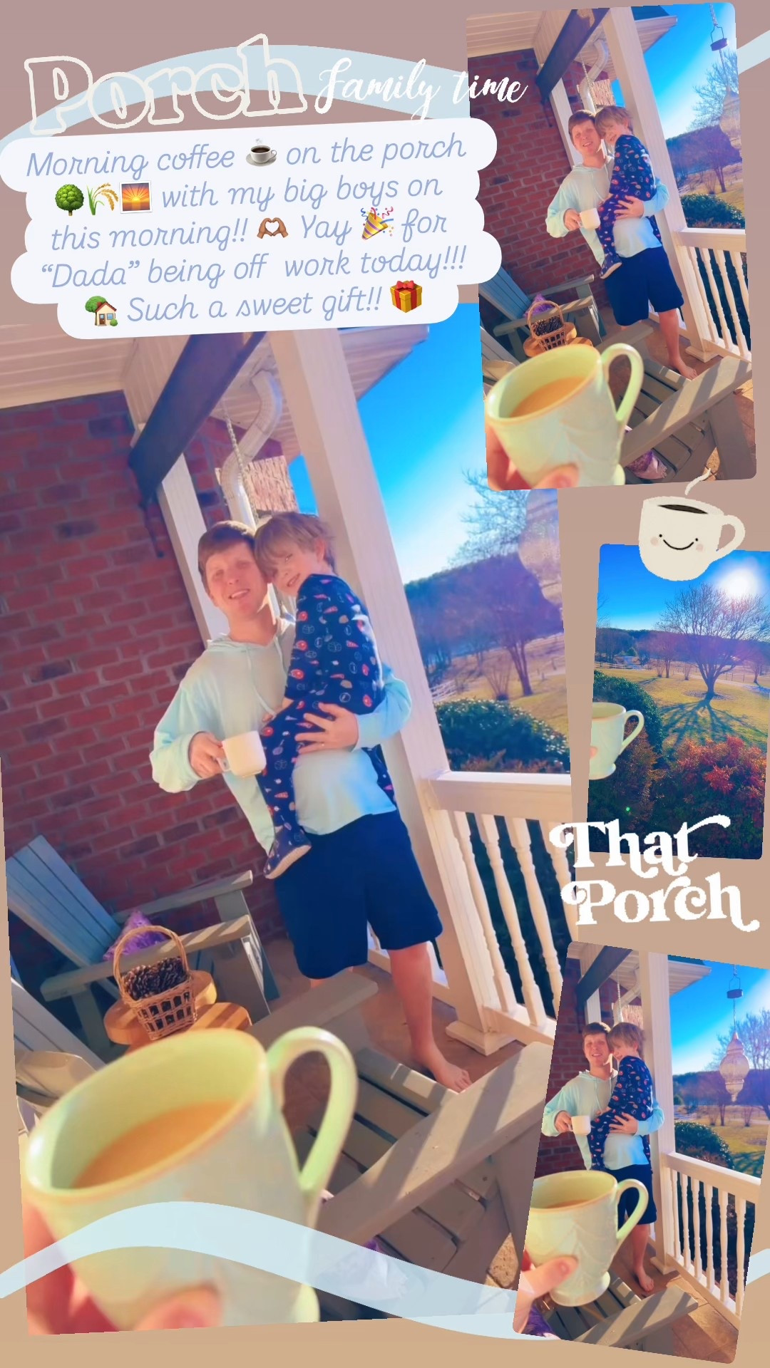 Morning coffee ☕️ on the porch 🌳🌾🌅 with my big boys on this morning!! 🫶🏽 Yay 🎉 for “Dada” being off  work today!!! 🏡 Such a sweet gift!! 🎁 