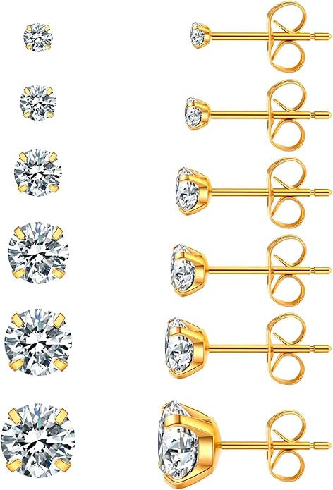 6 Pairs Stud Earrings Set, Hypoallergenic Cubic Zirconia 316L Earrings Stainless Steel CZ Earring... | Amazon (US)