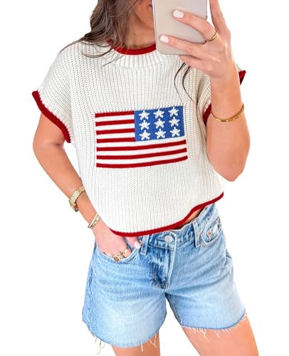SELINK Womens Summer Crochet Tops Hollow Out Cap Sleeve American Flag Crew Neck Graphic Pullover Sweater White Flag-S | Amazon (US)