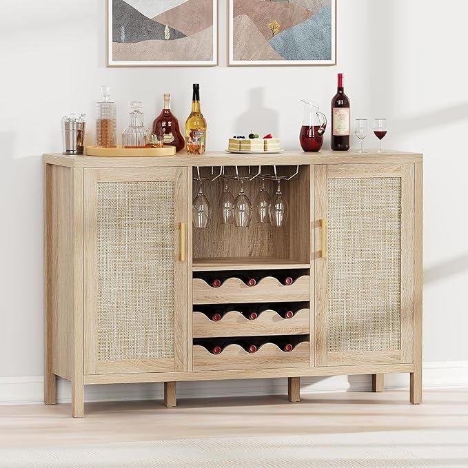 Rattan Wine Bar Cabinet, Boho Rattan Home Wine Bar Cabinet with Glass Holder and Drawer Style Win... | Amazon (US)