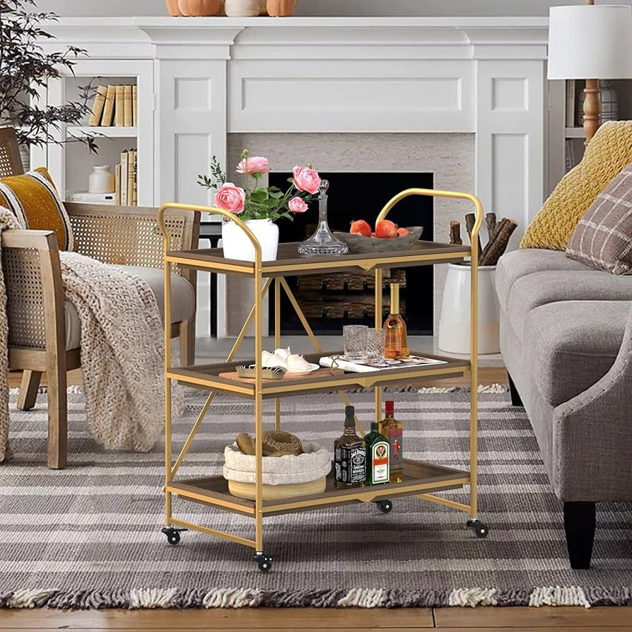 RiteSune Gold Bar Cart, Home Folding Bar Serving Cart with 3 Tier Shelves,Metal Trolley Rolling B... | Amazon (US)