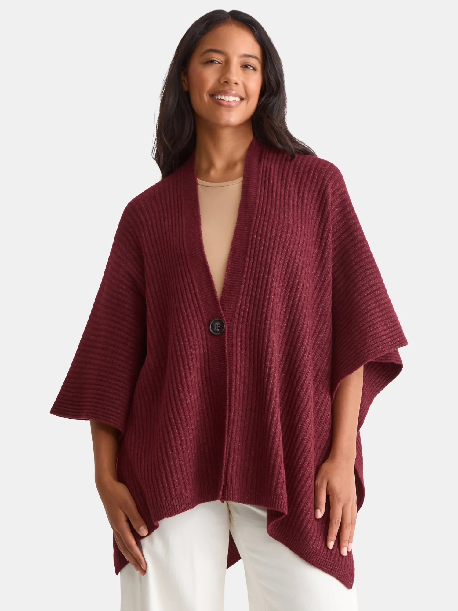 Time and Tru Women's Rib Knit Fashion Coverup with Button, One Size, Burgundy | Walmart (US)