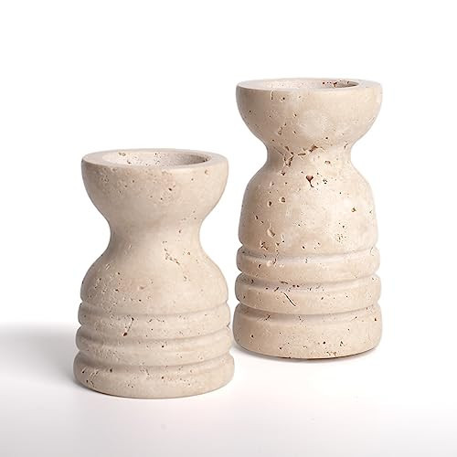 WORHE Candle Holders Italy True Natural Travertine Stone Set of 2 Premium Marble Candlestick Holder for Wedding Dinning Party Candle Stand for Dia 3/4" Taper Pillar Candles Color Beige (CH6065YL) | Amazon (US)