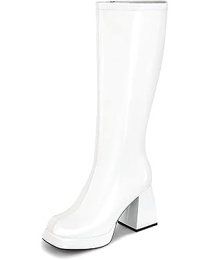 Black Leather Boots Platform Boots for Women Square Toe Chunky Block Heeled Boots | Amazon (US)