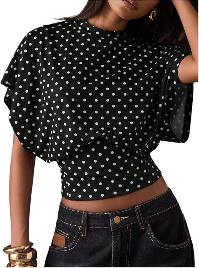Floerns Women's Polka Dots Crew Neck T Shirt Cinched Waist Loose Dolman Sleeve Night Out Tops | Amazon (US)
