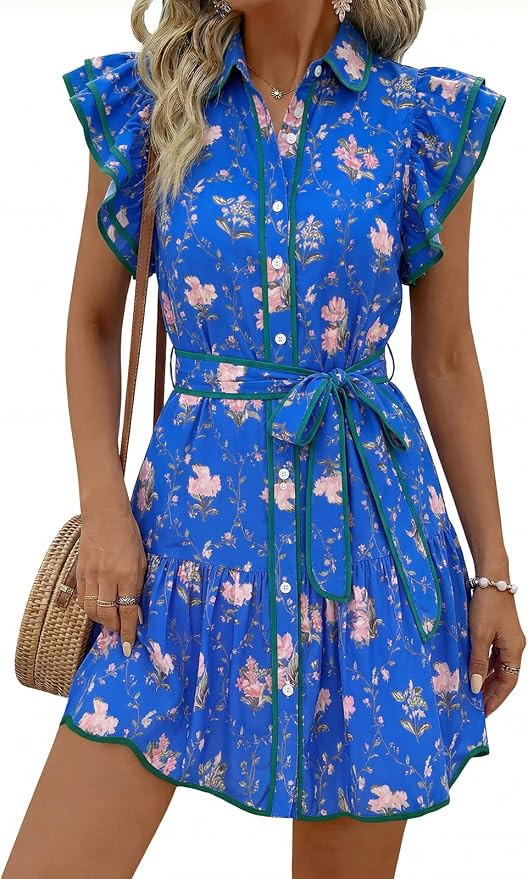 Wenrine Womens Summer Floral V Neck Ruffle Sleeve Button Down Shirt Dress | Casual,Collar V Neck,... | Amazon (US)