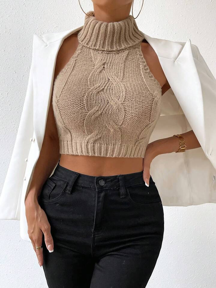 SHEIN Essnce Turtleneck Cable Knit Crop Knit Top | SHEIN