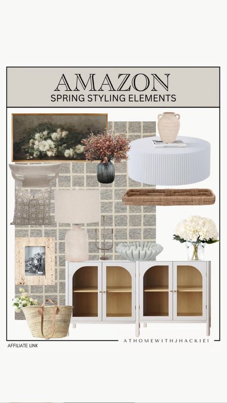 Amazon spring decor, decor styling, Amazon spring, cabinet, wooden cabinet, white cabinet, coffee table, faux flowers, spring neutral, neutral home decor, living room decor, neutral lamp, neutral rug. 

#LTKhome #LTKstyletip