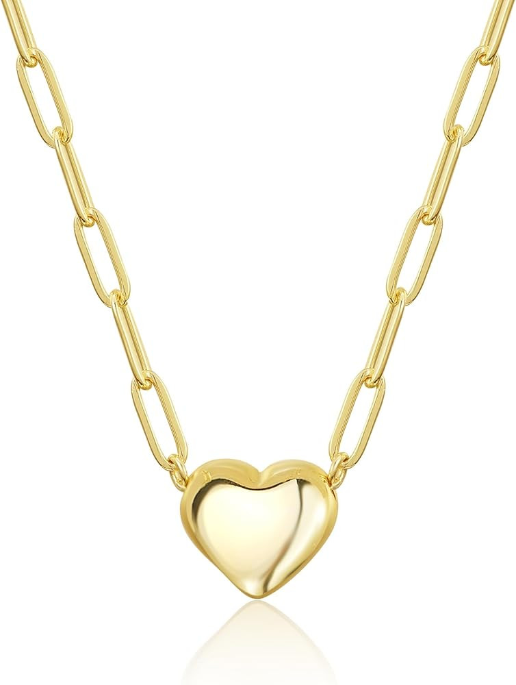 Puffy Heart Necklace 14K Gold Plated on Stainless Steel Paper Clip Chain | Shinny Or Brushed Fini... | Amazon (US)
