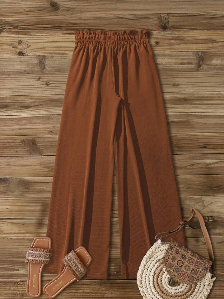 SHEIN PETITE Women's Casual Black Pearl Fabric Ruffled Elastic Waist Side Pocket Design Wide Leg Pants, Spring And Summer | SHEIN